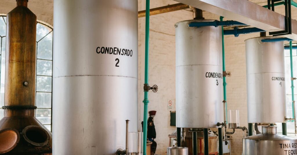 Interior view of industrial tequila distillery with metal tanks and pipes.
